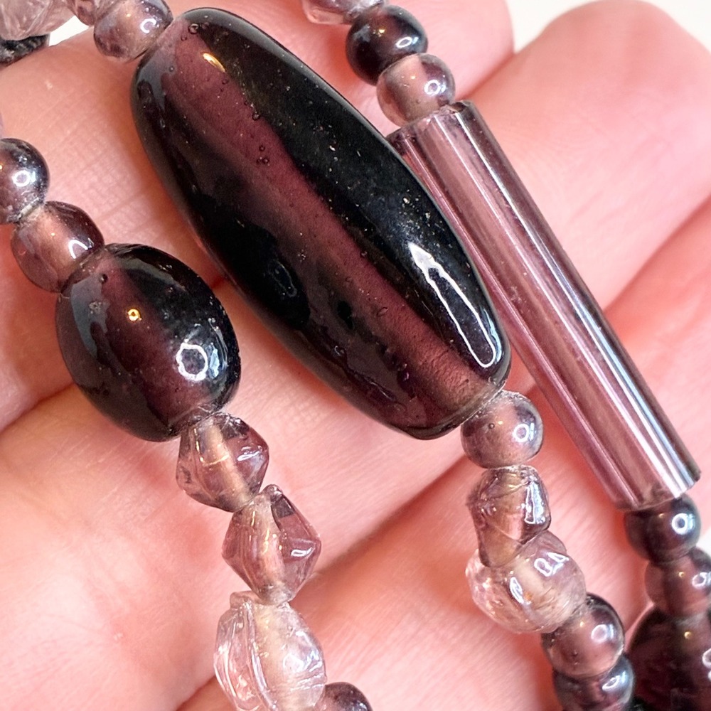 Vintage Purple Glass Necklace Boho Multi Strand Bead Layered Statement 18"